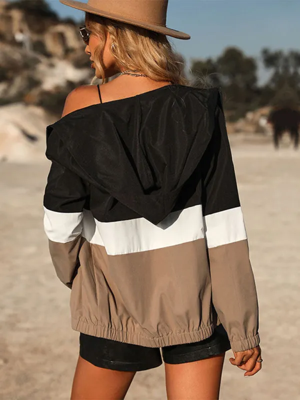 Boho Color Block Striped Fall Windbreaker Jacket