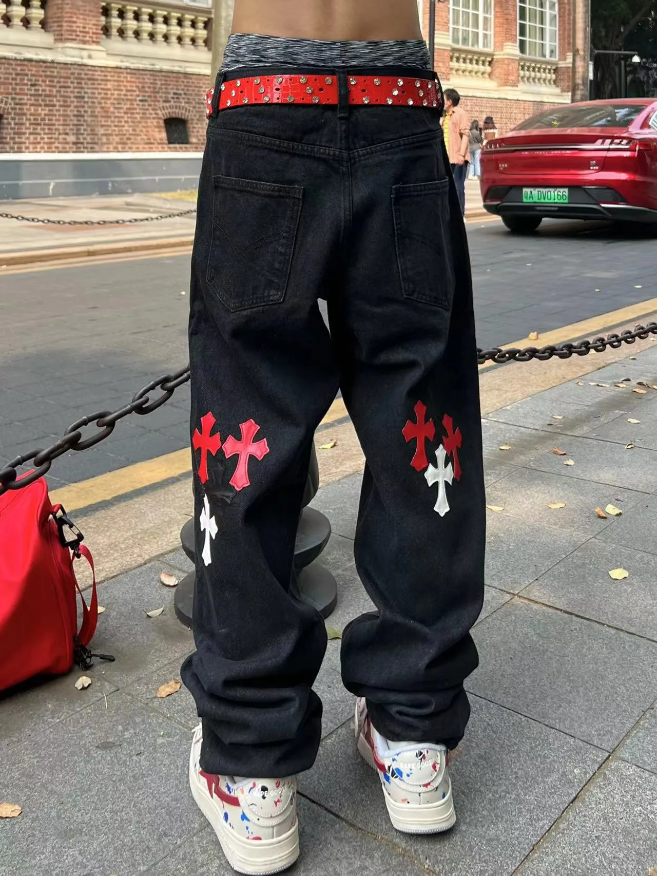 Bonsir 90s streetwear New Original American High Street Cross Jeans Patch All-Match Slim-Fit Stacked Pants Fashion