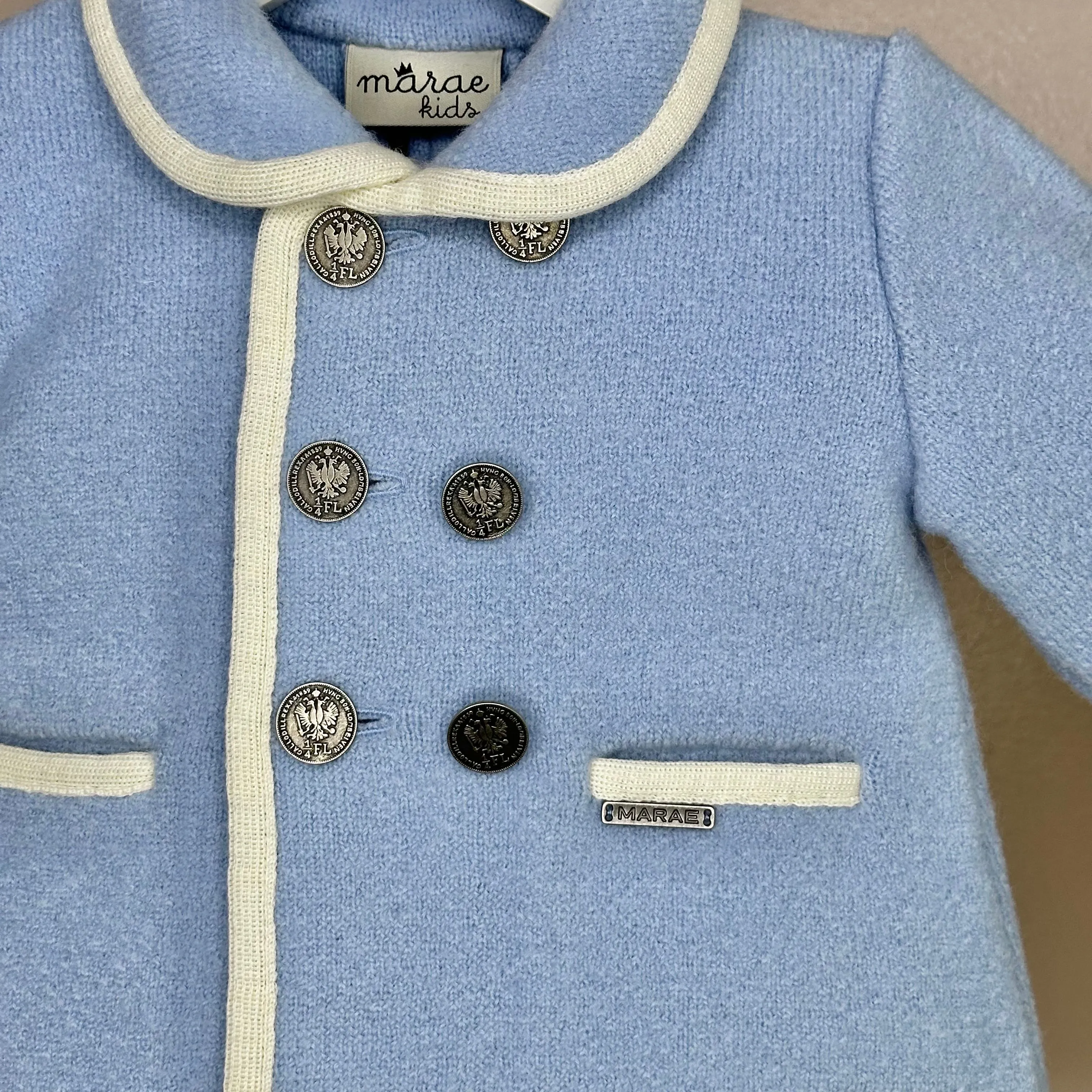 Boys Blue Marae Coat With Cream Trim