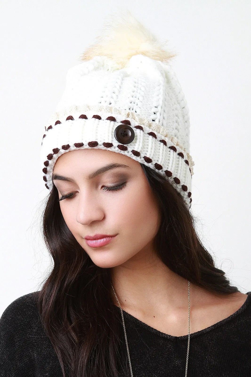 Button And Fur Pom Pom Ridged Knit Beanie