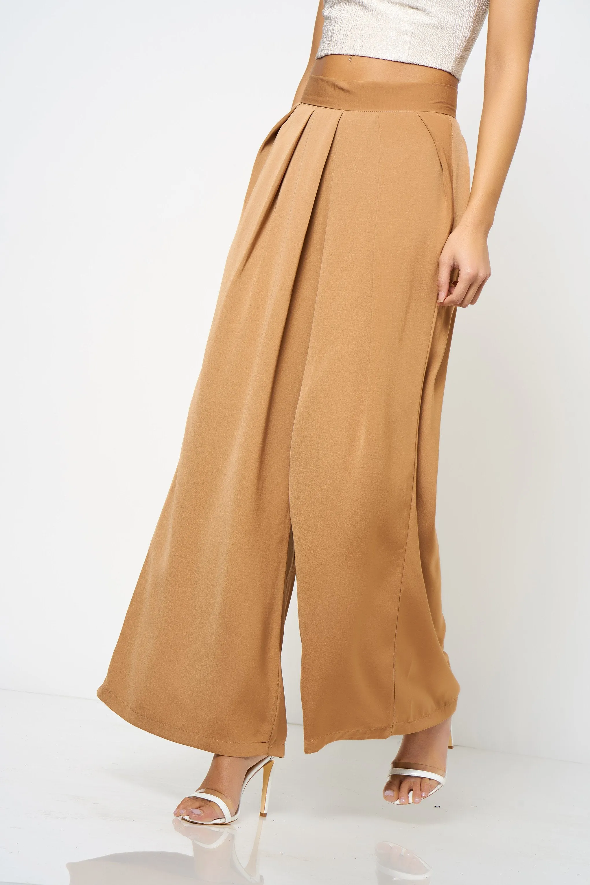 Camel Pleated Wide Leg Trousers