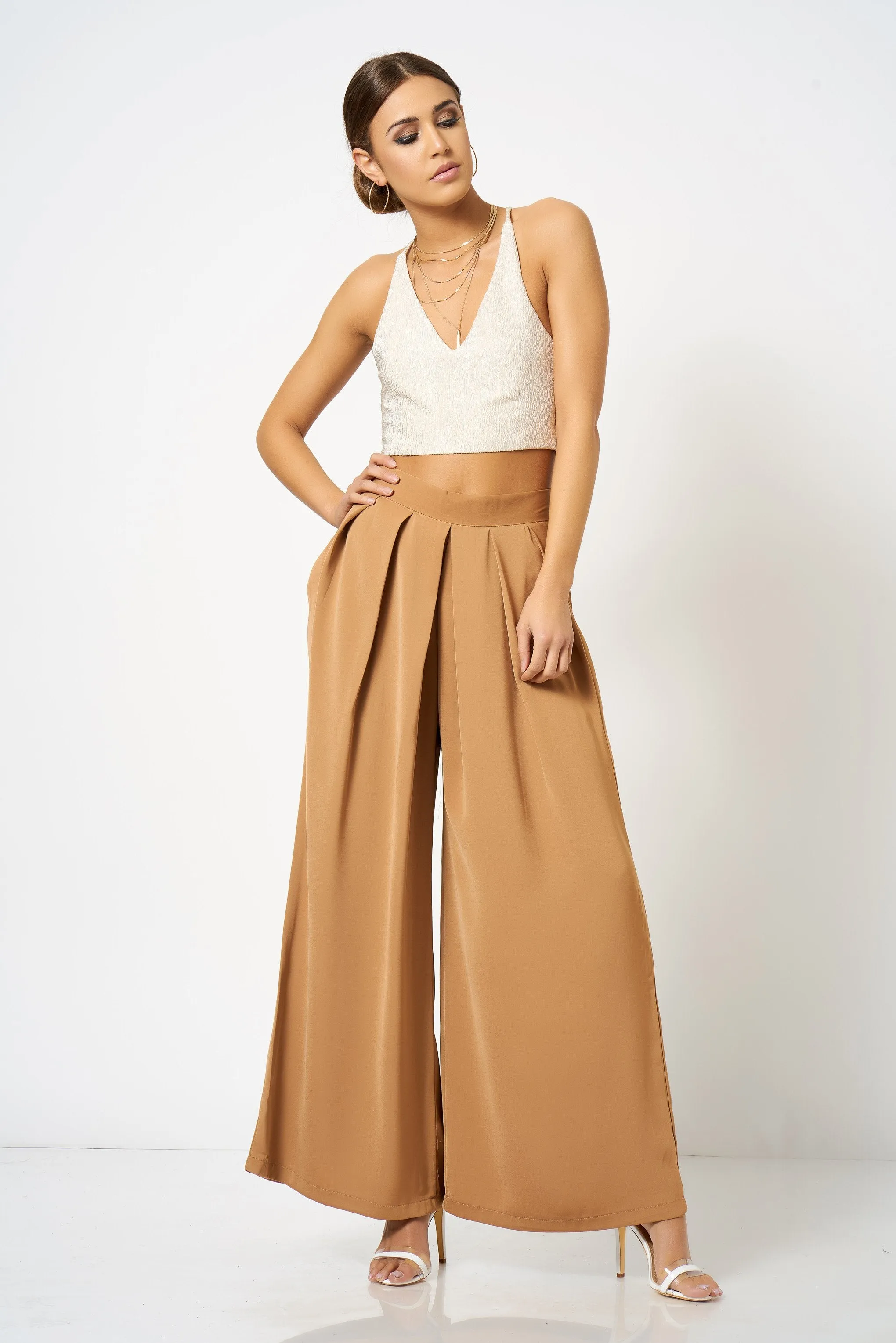 Camel Pleated Wide Leg Trousers