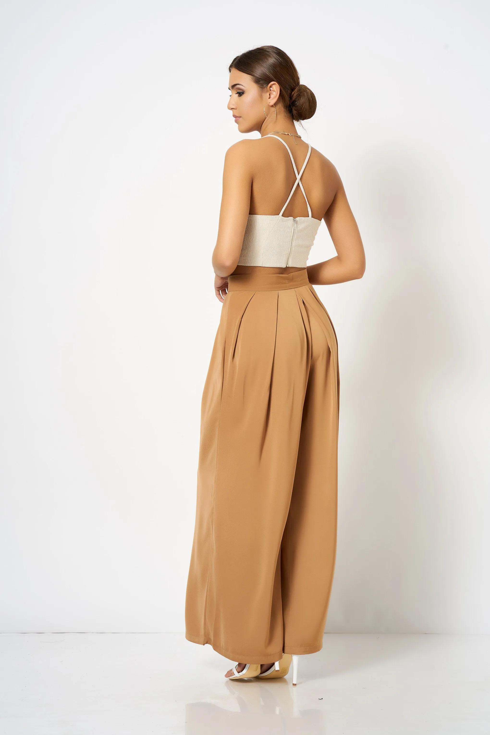 Camel Pleated Wide Leg Trousers