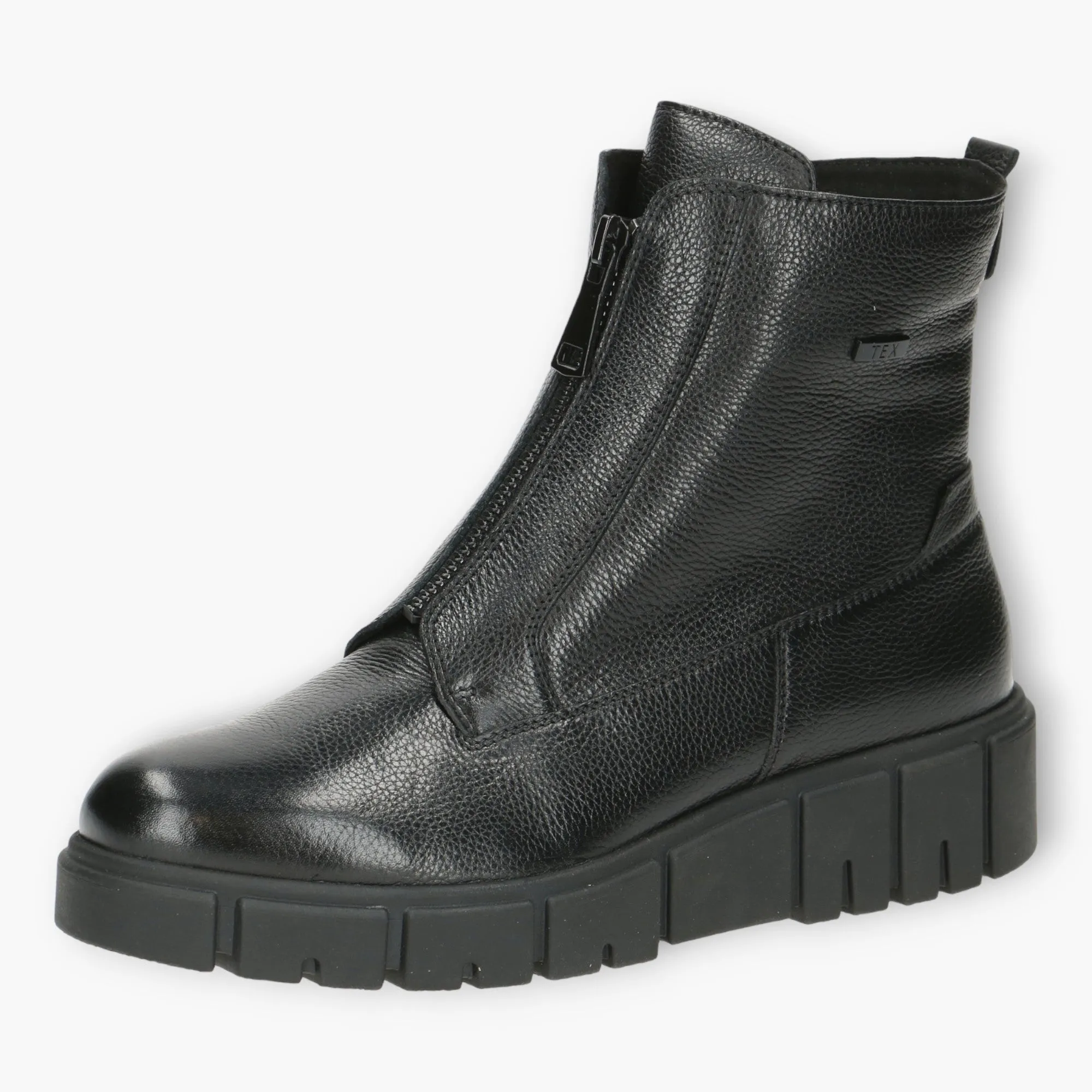 Caprice Black Leather Ankle Boots with Dual Zippers and Waterproof Wedge Sole