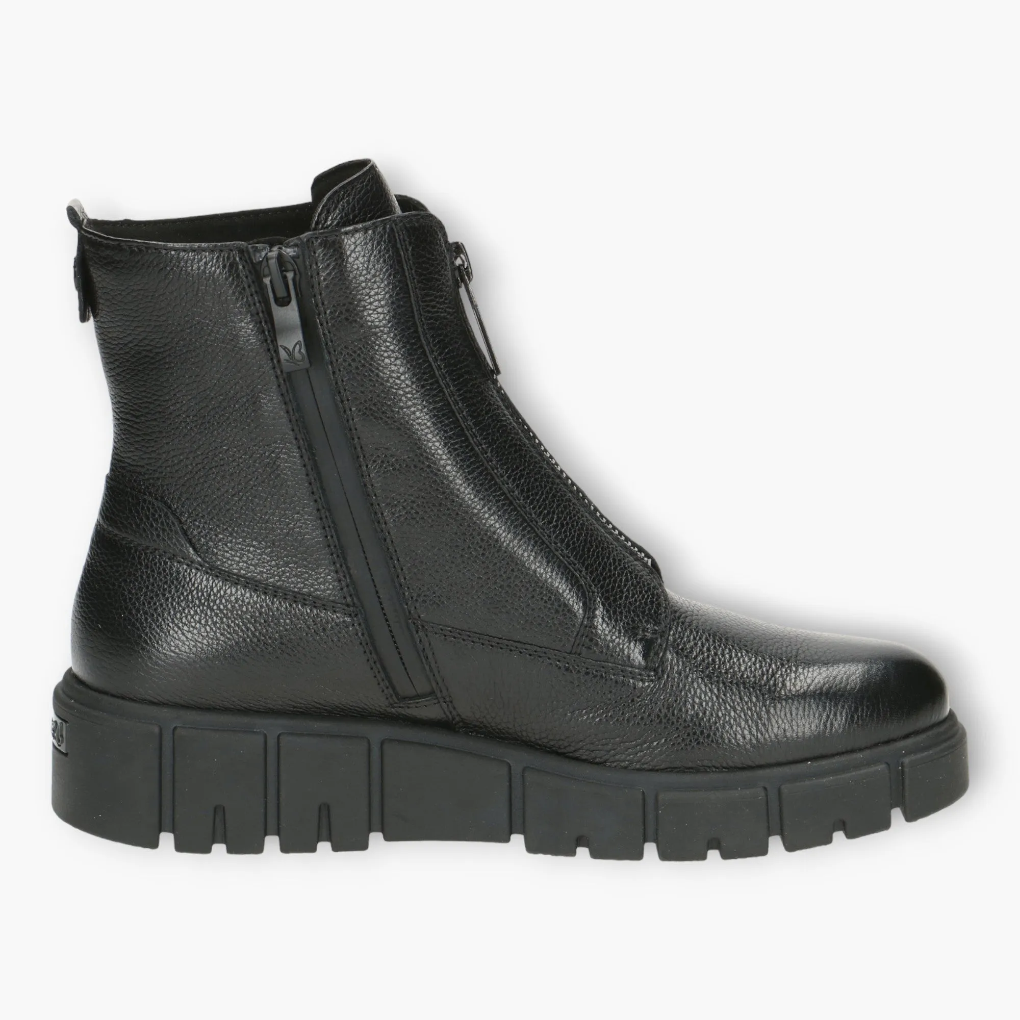 Caprice Black Leather Ankle Boots with Dual Zippers and Waterproof Wedge Sole