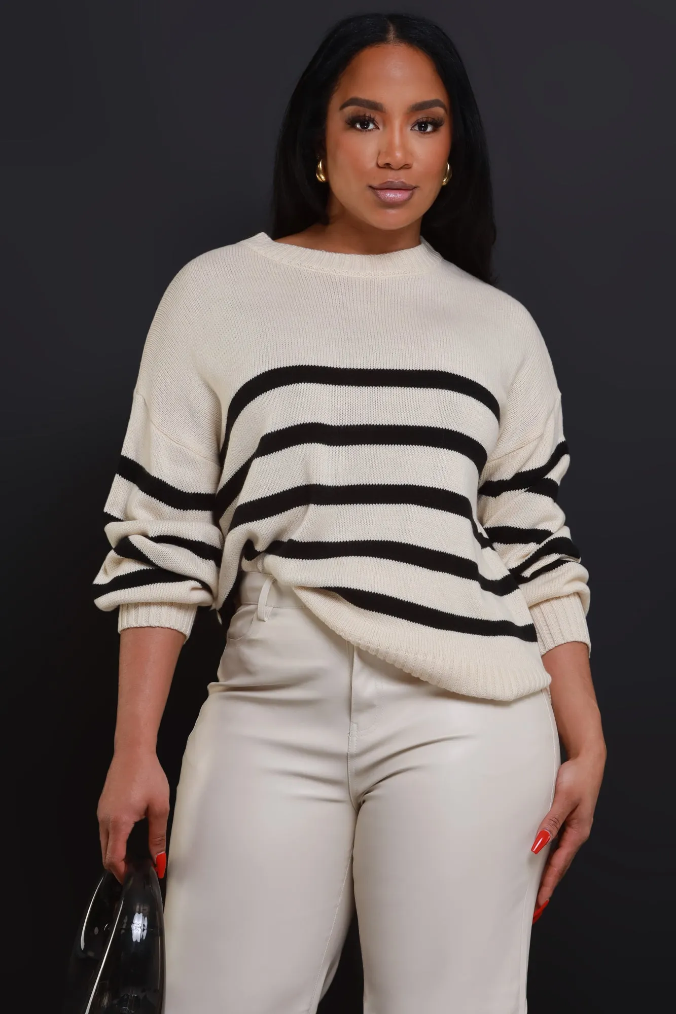 Care Taken Oversized Striped Sweater - Taupe/Black