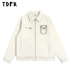 Casual Patch Embroidery Jacket with Lapel and Long Sleeves