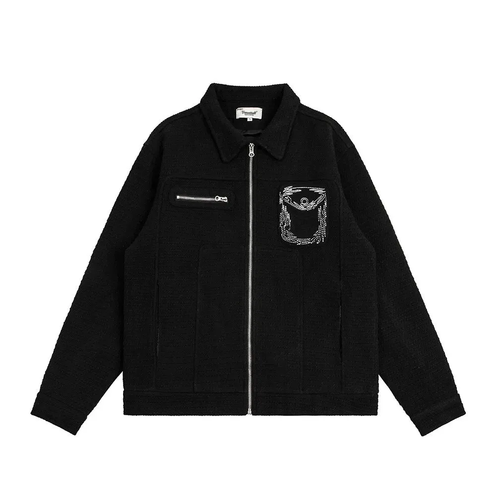 Casual Patch Embroidery Jacket with Lapel and Long Sleeves