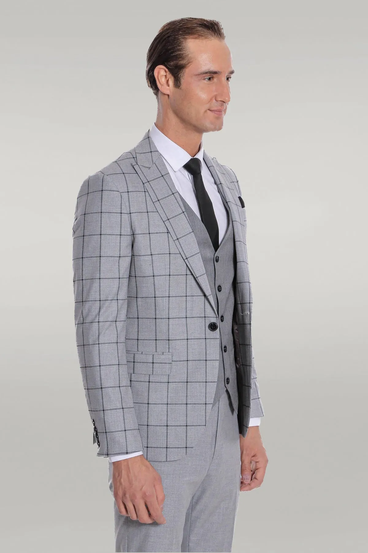 Checked Patterned Slim Fit Grey Men Suit - Wessi