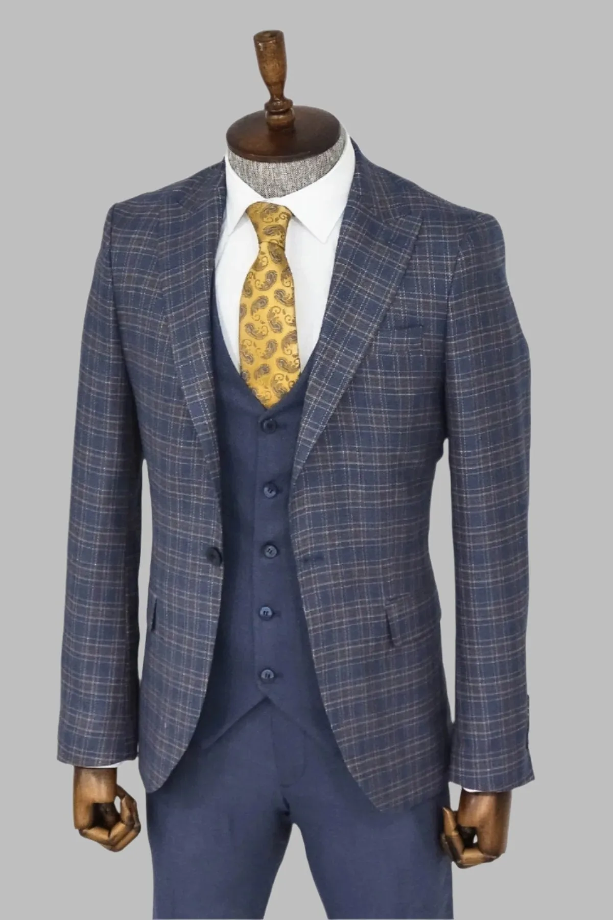 Checked Slim Fit Blue Men Suit - Wessi