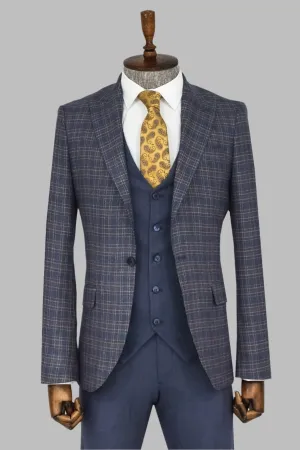 Checked Slim Fit Blue Men Suit - Wessi