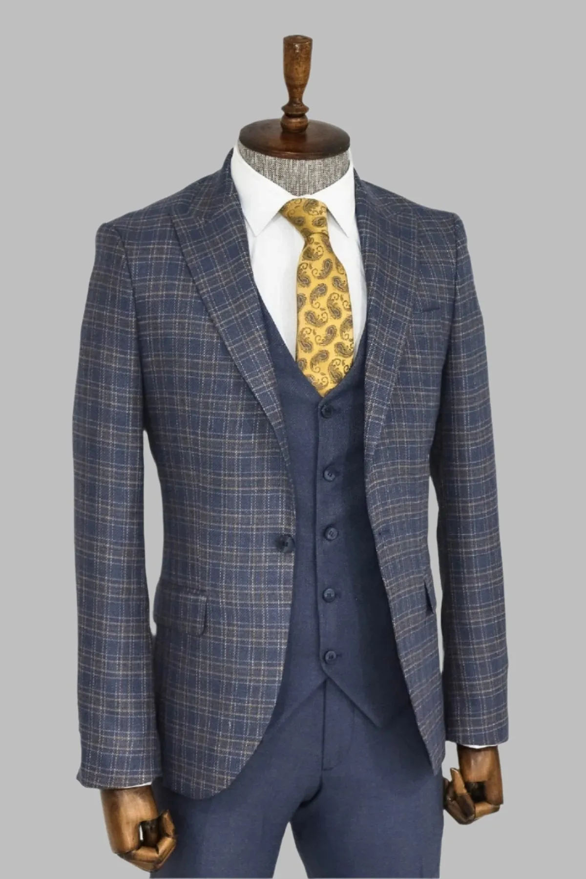 Checked Slim Fit Blue Men Suit - Wessi