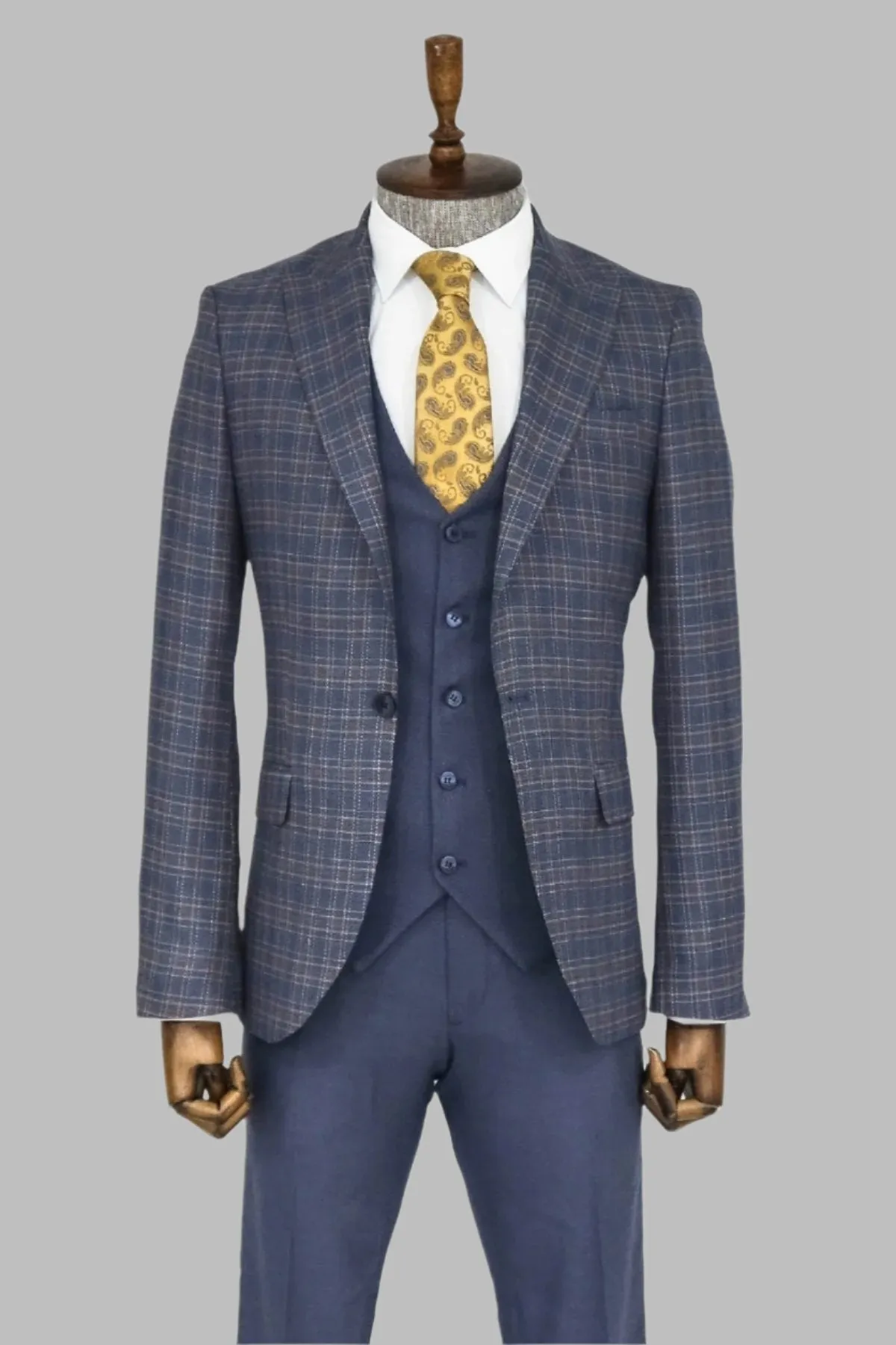 Checked Slim Fit Blue Men Suit - Wessi