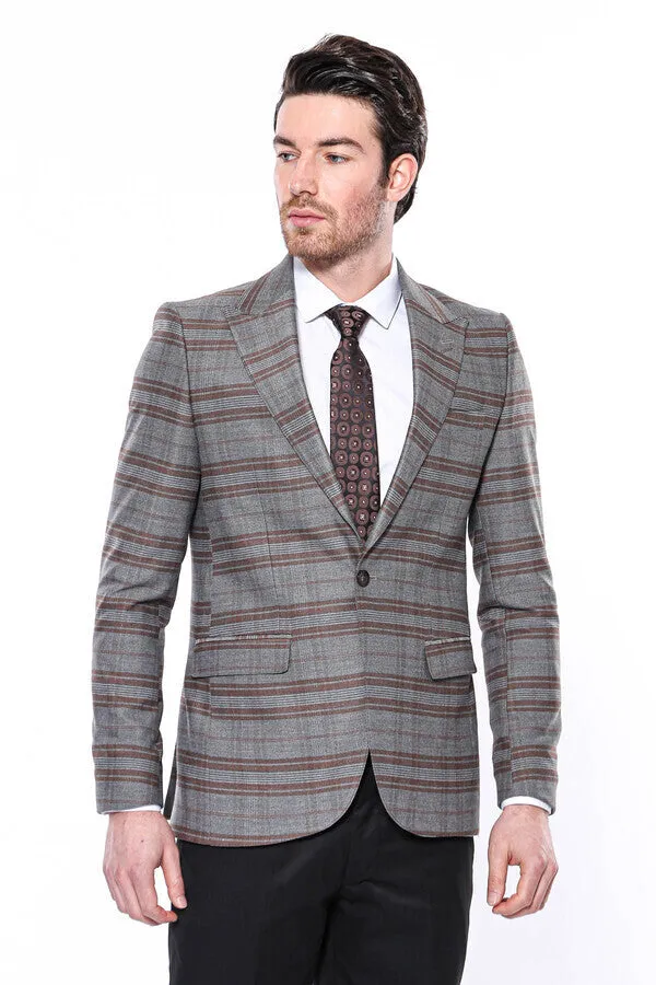 Checked Slim-Fit Brown Men Blazer - Wessi