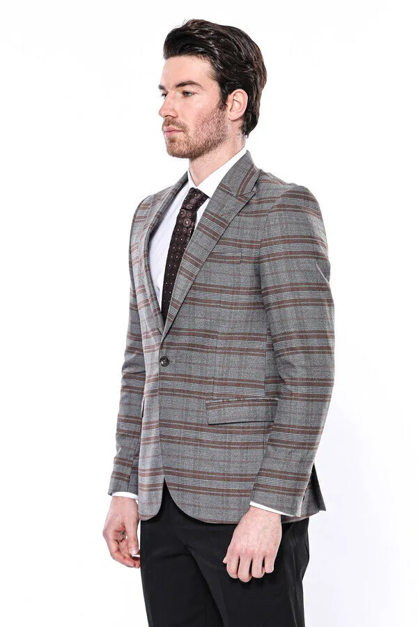 Checked Slim-Fit Brown Men Blazer - Wessi