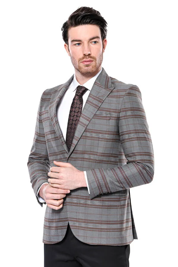 Checked Slim-Fit Brown Men Blazer - Wessi