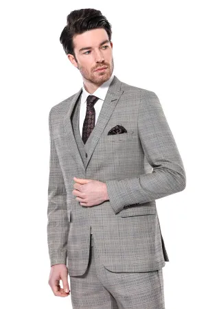 Checked Slim-Fit Cream Men Blazer - Wessi