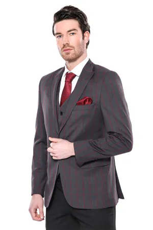 Checked Slim-Fit Dark Grey Men Blazer - Wessi