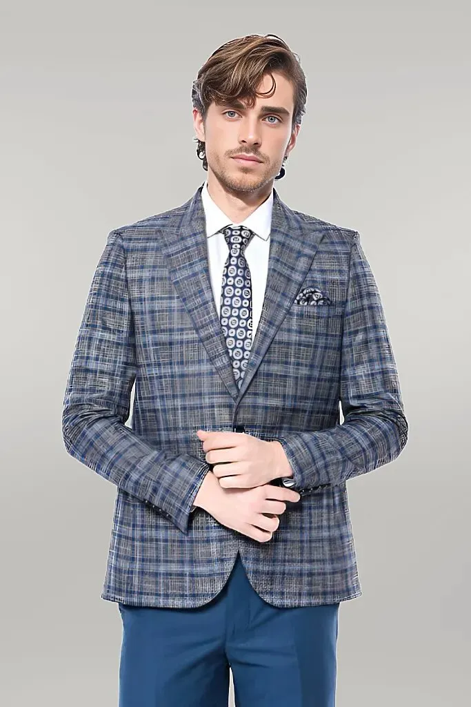 Checked Slim-Fit Single Button Navy Blue Men Blazer - Wessi