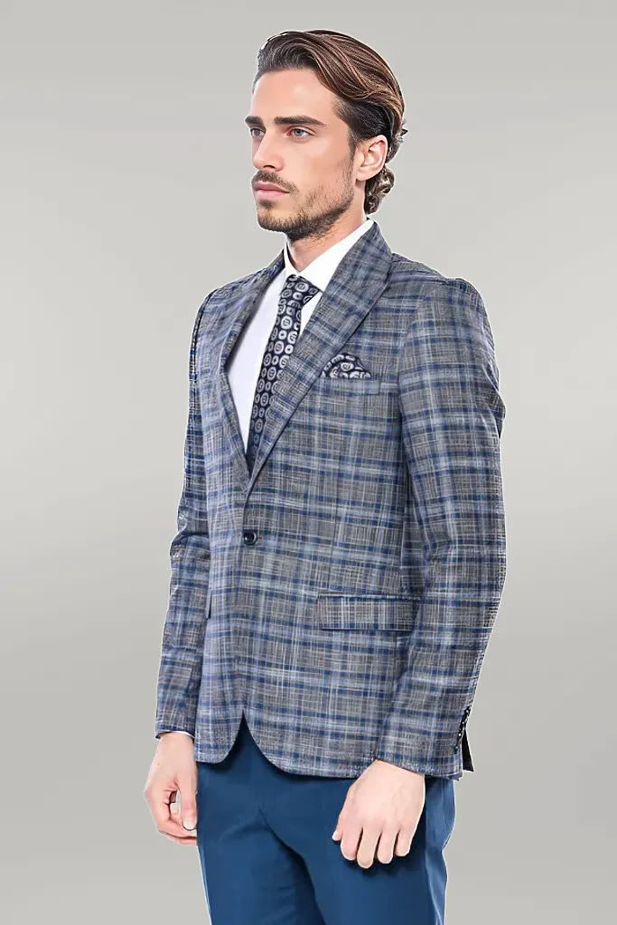 Checked Slim-Fit Single Button Navy Blue Men Blazer - Wessi