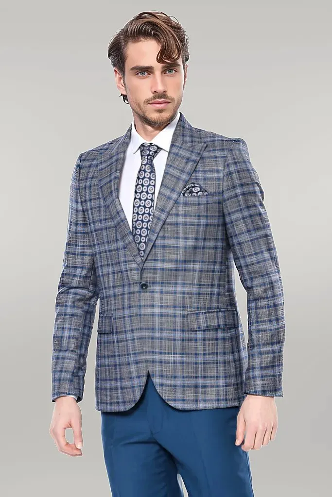 Checked Slim-Fit Single Button Navy Blue Men Blazer - Wessi