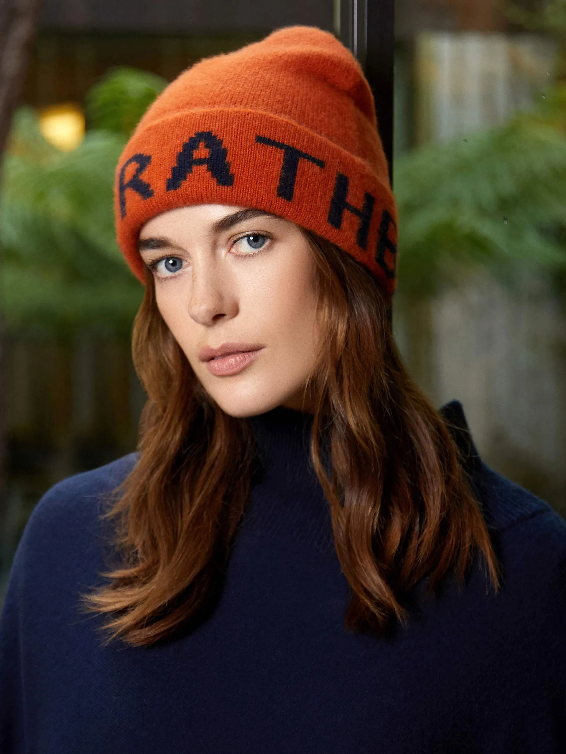 Cinnamon orange and navy logo cashmere beanie