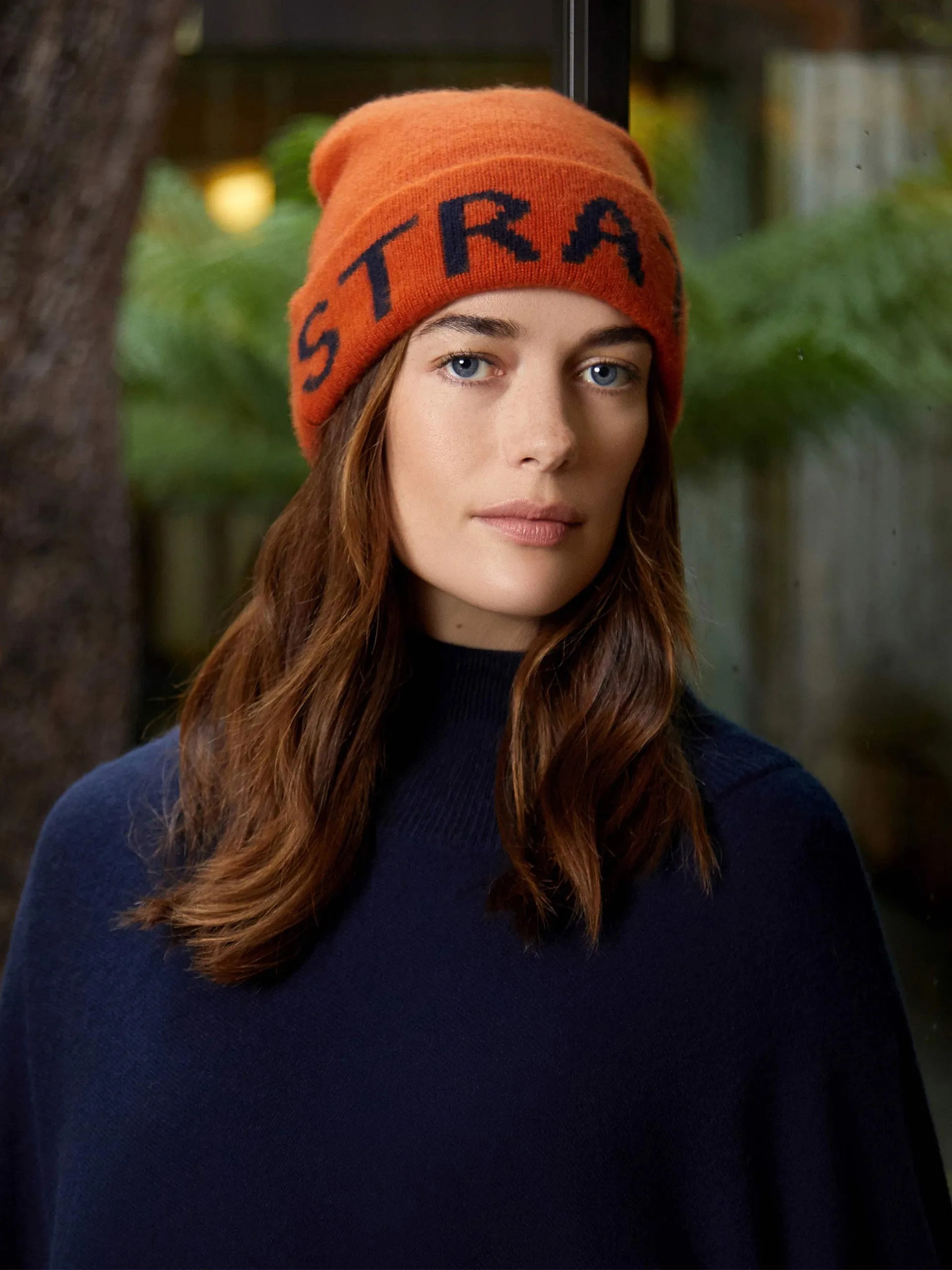 Cinnamon orange and navy logo cashmere beanie