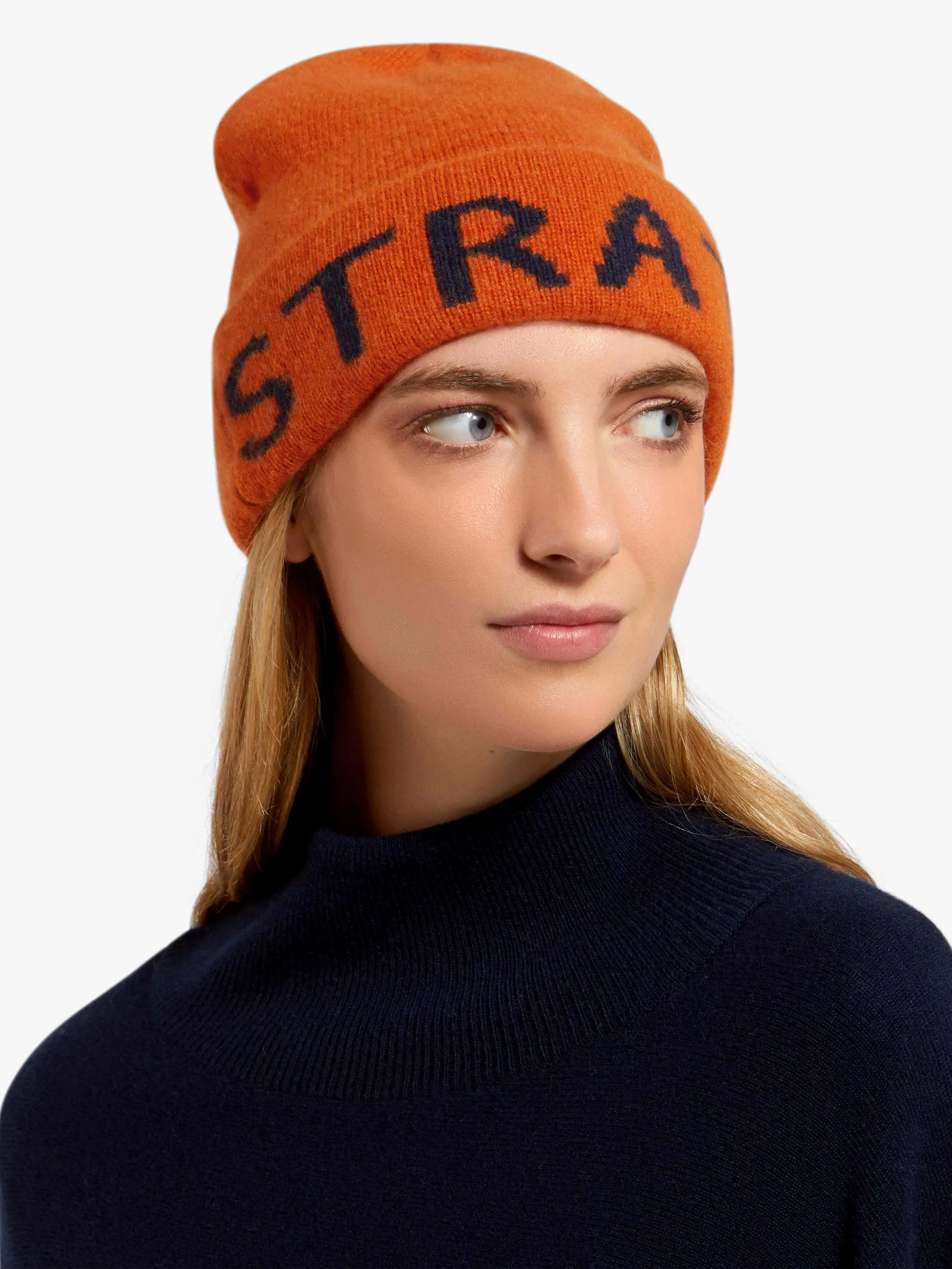 Cinnamon orange and navy logo cashmere beanie