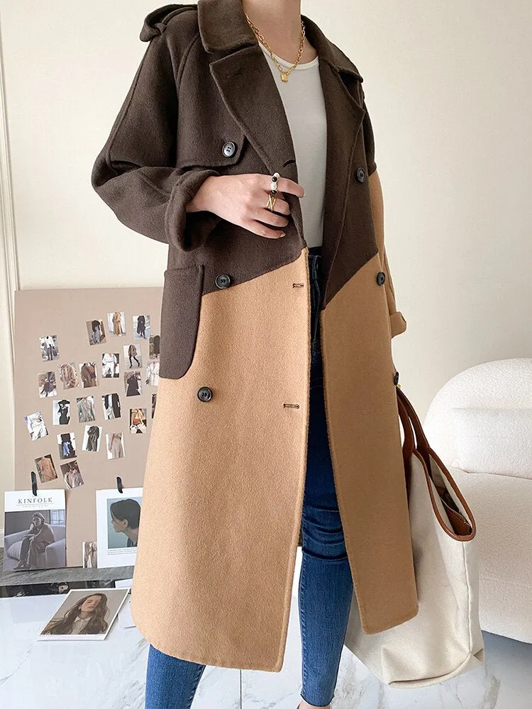 Color Block Patchwork Woolen Parka Coat