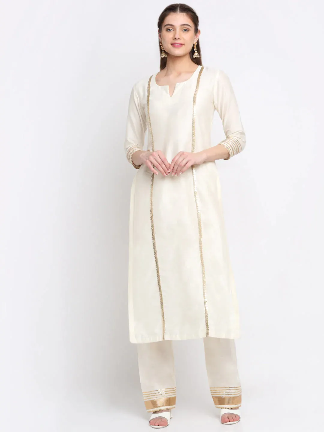 Cotton Silk Ivory Foil, Gota & Zari Detailing Kurta with Solid Palazzo Pants