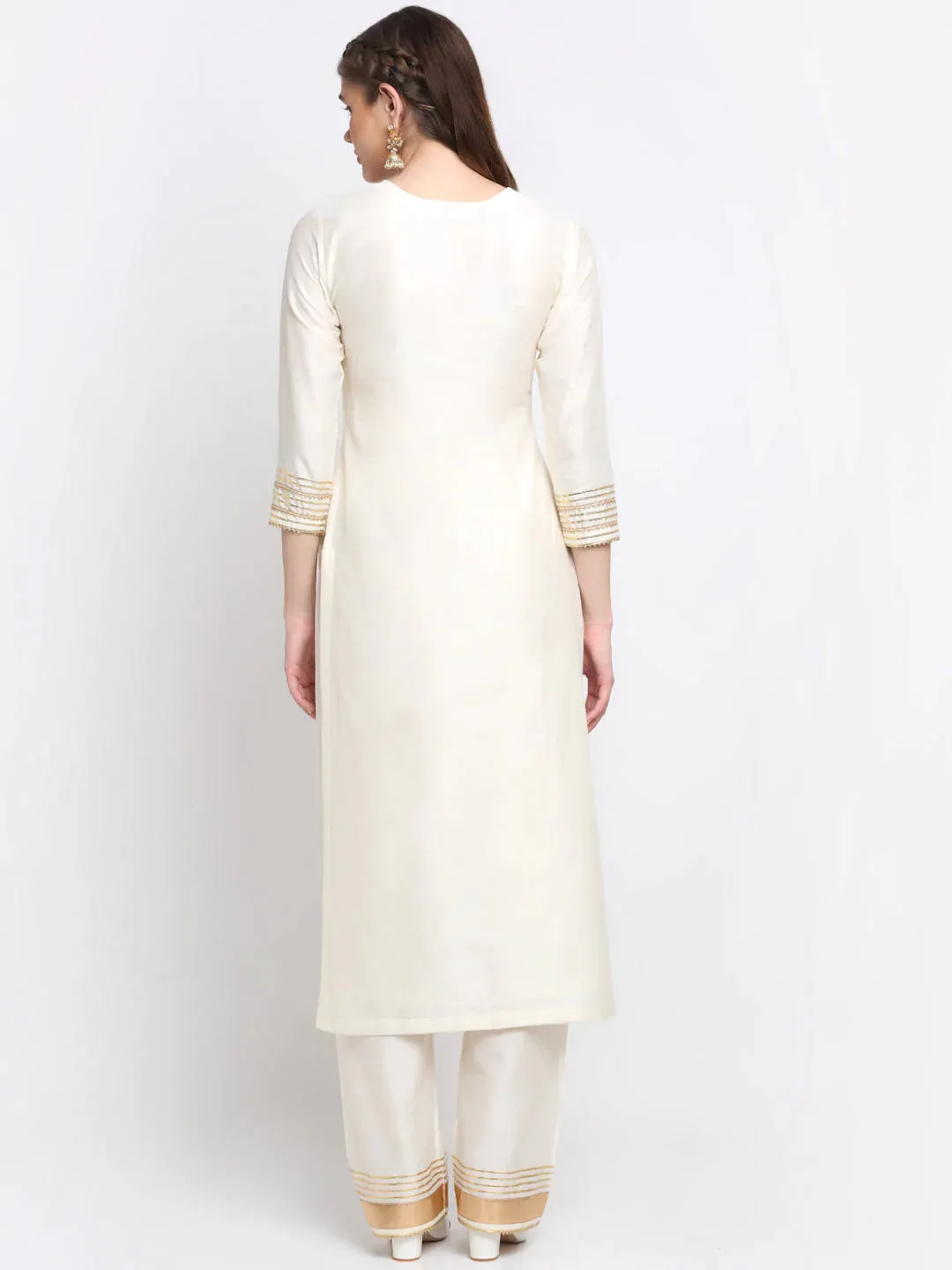 Cotton Silk Ivory Foil, Gota & Zari Detailing Kurta with Solid Palazzo Pants