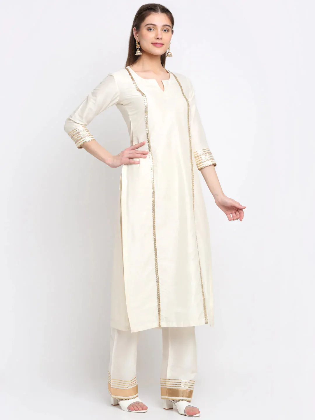 Cotton Silk Ivory Foil, Gota & Zari Detailing Kurta with Solid Palazzo Pants