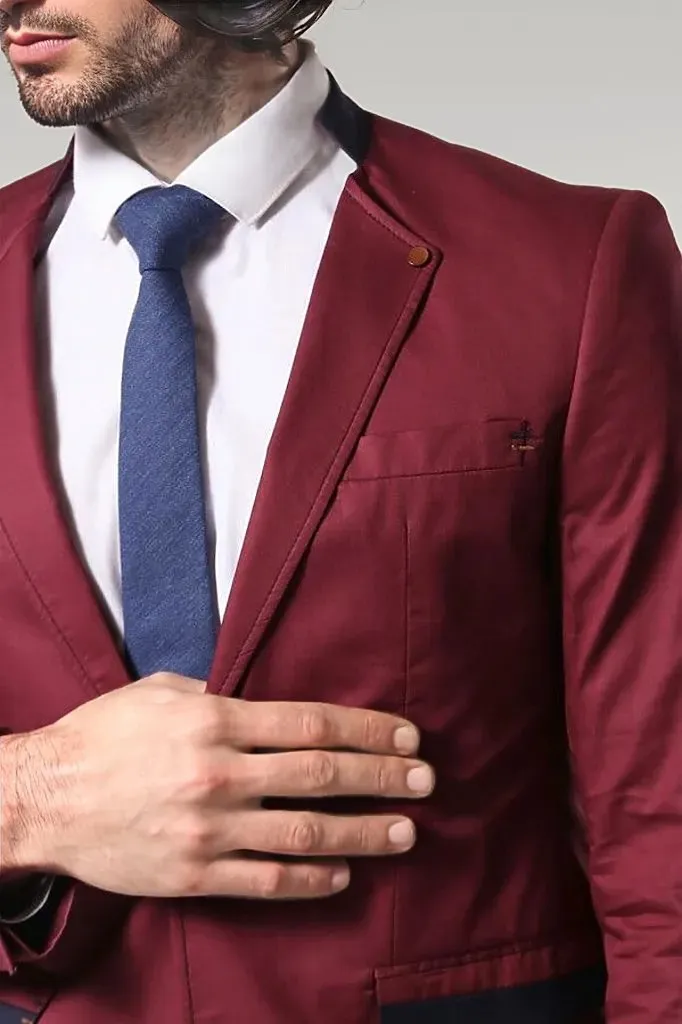 Crew Neck Burgundy Men Blazer - Wessi