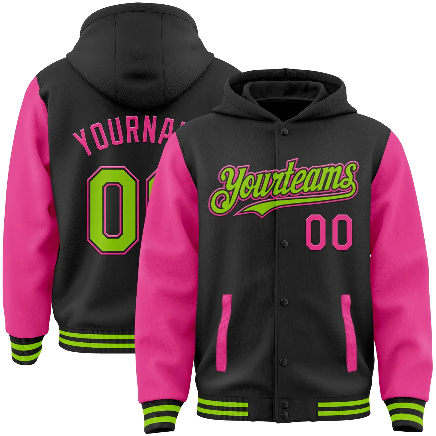 Custom Black Neon Green-Pink Bomber Full-Snap Varsity Letterman Two Tone Hoodie Jacket