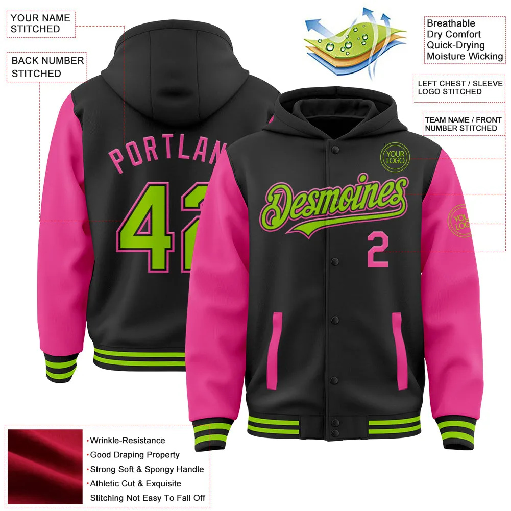 Custom Black Neon Green-Pink Bomber Full-Snap Varsity Letterman Two Tone Hoodie Jacket