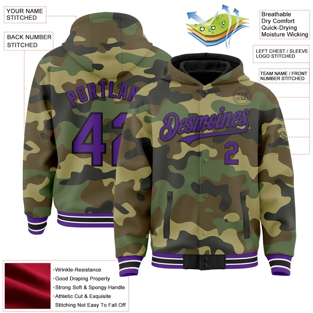 Custom Camo Purple-Black Bomber Full-Snap Varsity Letterman Salute To Service Hoodie Jacket