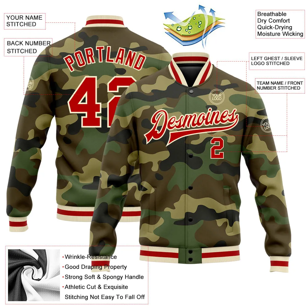 Custom Camo Red-Cream Bomber Full-Snap Varsity Letterman Salute To Service Jacket