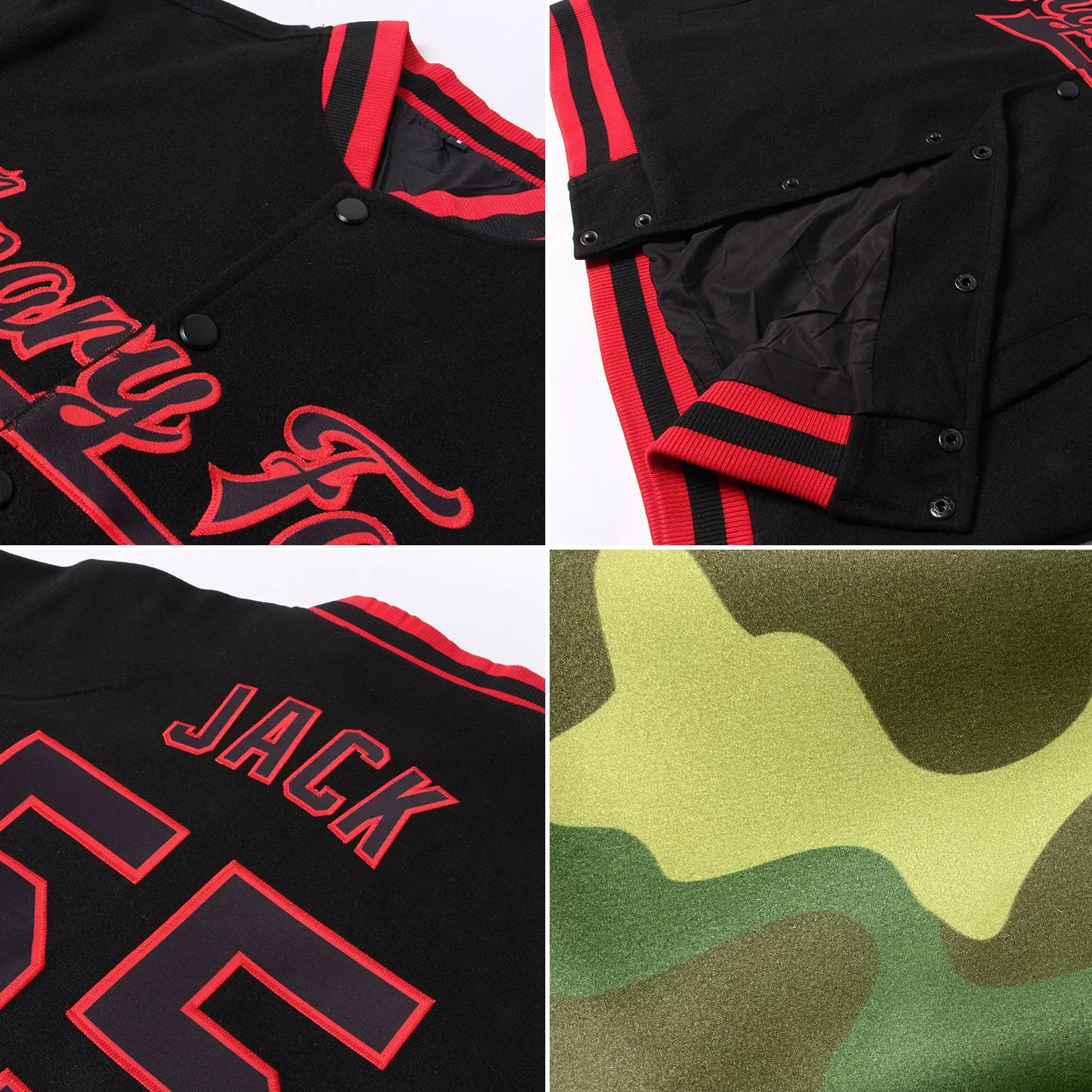 Custom Camo Red-Cream Bomber Full-Snap Varsity Letterman Salute To Service Jacket