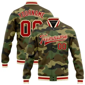 Custom Camo Red-Cream Bomber Full-Snap Varsity Letterman Salute To Service Jacket