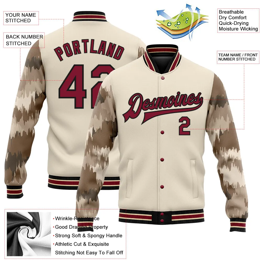 Custom City Cream Crimson-Black Camo Sleeves 3D Pattern Design Bomber Full-Snap Varsity Letterman Jacket