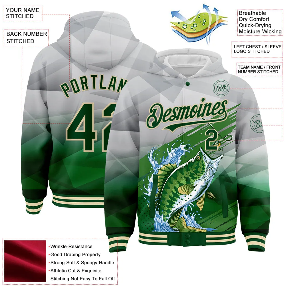 Custom Gray Green-Cream Largemouth Bass Fish Fishing 3D Bomber Full-Snap Varsity Letterman Hoodie Jacket