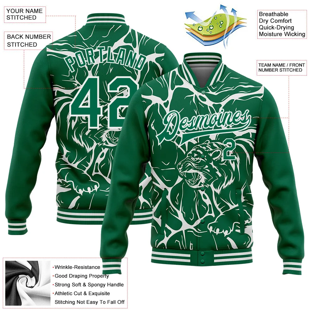 Custom Kelly Green White Abstract Network And Tiger 3D Pattern Design Bomber Full-Snap Varsity Letterman Jacket