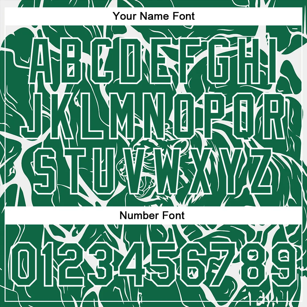 Custom Kelly Green White Abstract Network And Tiger 3D Pattern Design Bomber Full-Snap Varsity Letterman Jacket