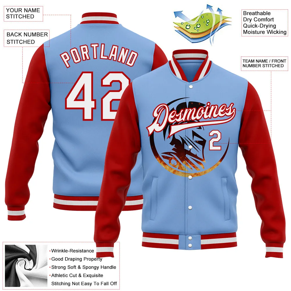 Custom Light Blue White-Red Spartan Logo 3D Pattern Design Bomber Full-Snap Varsity Letterman Two Tone Jacket