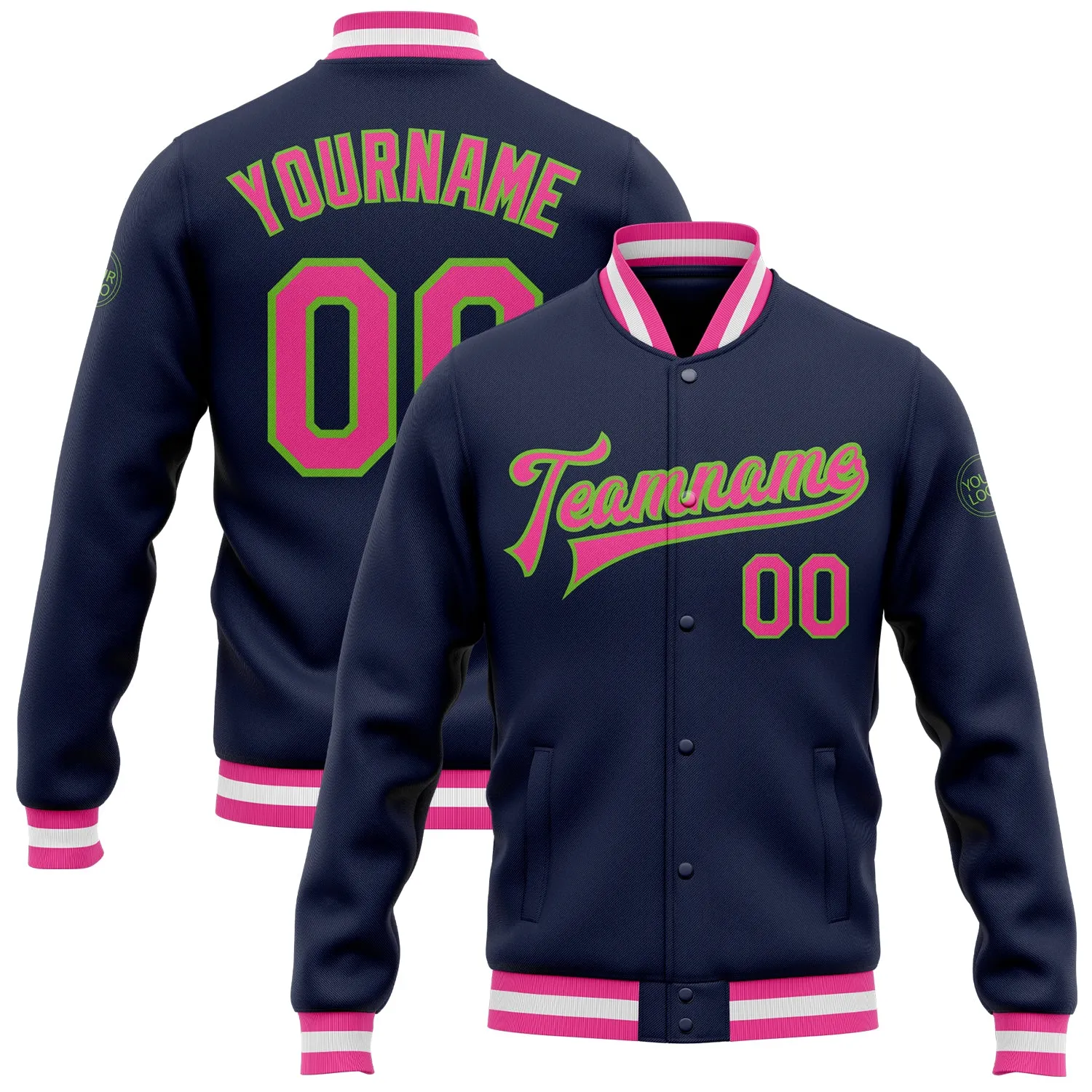 Custom Navy Pink-Neon Green Bomber Full-Snap Varsity Letterman Jacket