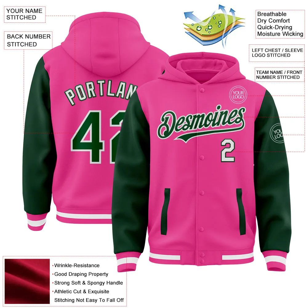 Custom Pink Green-White Bomber Full-Snap Varsity Letterman Two Tone Hoodie Jacket