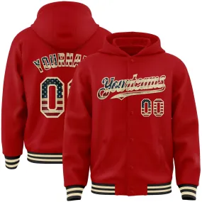 Custom Red Vintage USA Flag Cream-Black Bomber Full-Snap Varsity Letterman Hoodie Jacket