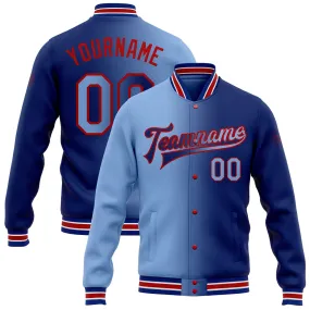 Custom Royal Light Blue-Red Bomber Full-Snap Varsity Letterman Gradient Fashion Jacket