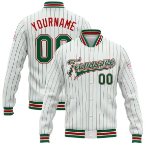 Custom White Kelly Green Pinstripe Red Bomber Full-Snap Varsity Letterman Jacket