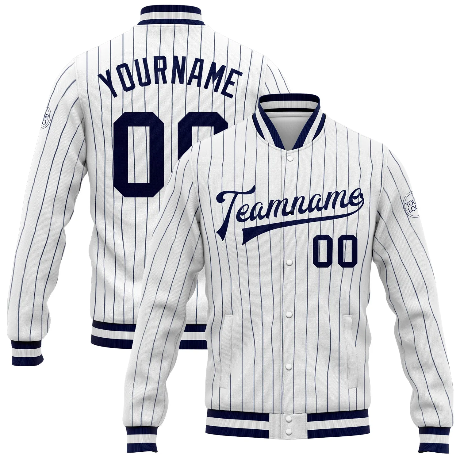 Custom White Navy Pinstripe Navy-White Bomber Full-Snap Varsity Letterman Jacket